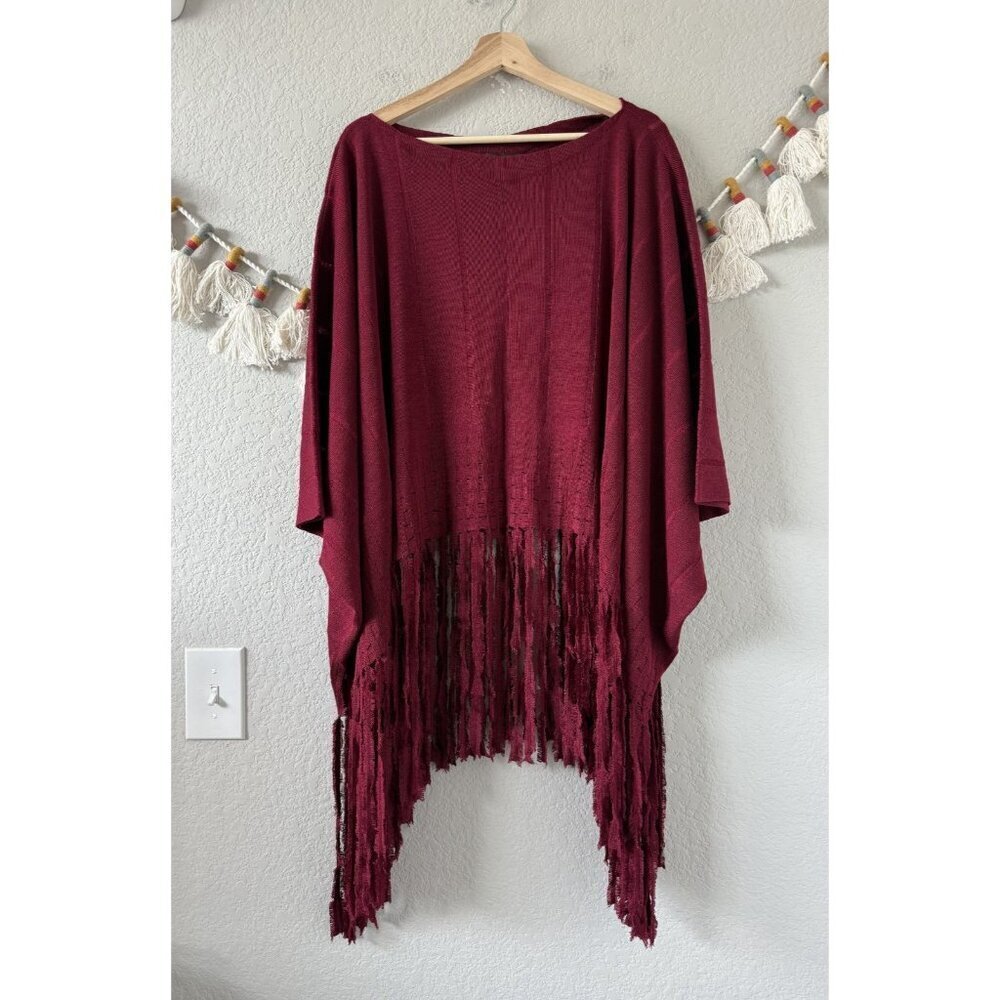 Patti LaBelle Silk Blend Red Knit Fringe Boat Neck Poncho Top Holiday Glam OS